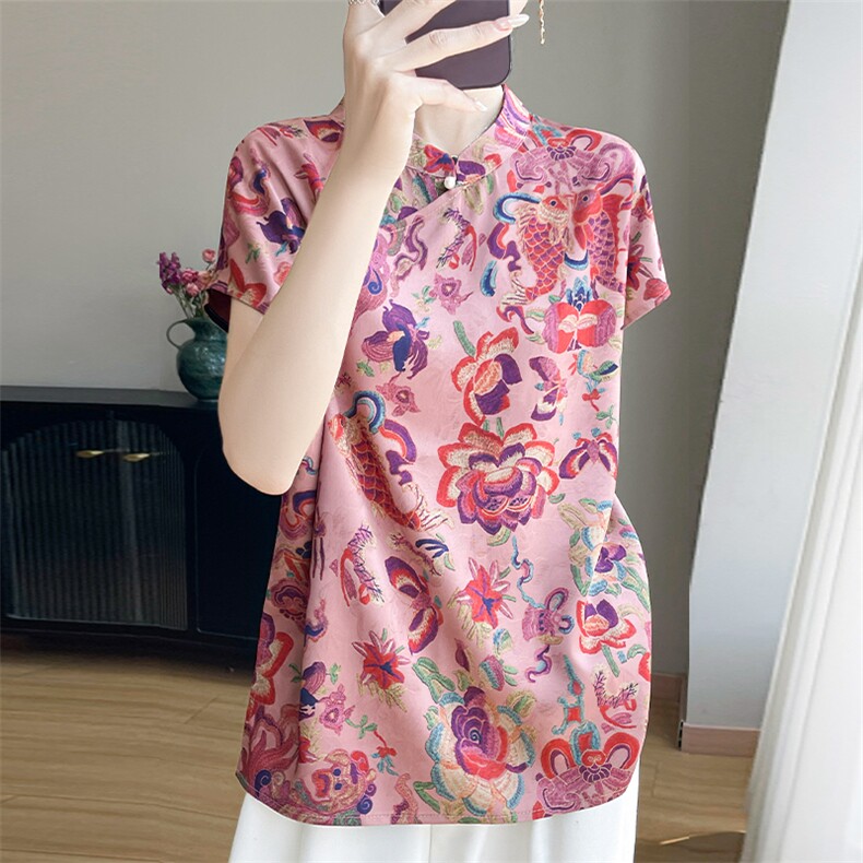 新中式国风上衣女短袖t斜襟短袖立领旗袍小衫缎面印花新中式衬衫，女装T恤，羊特美羊绒