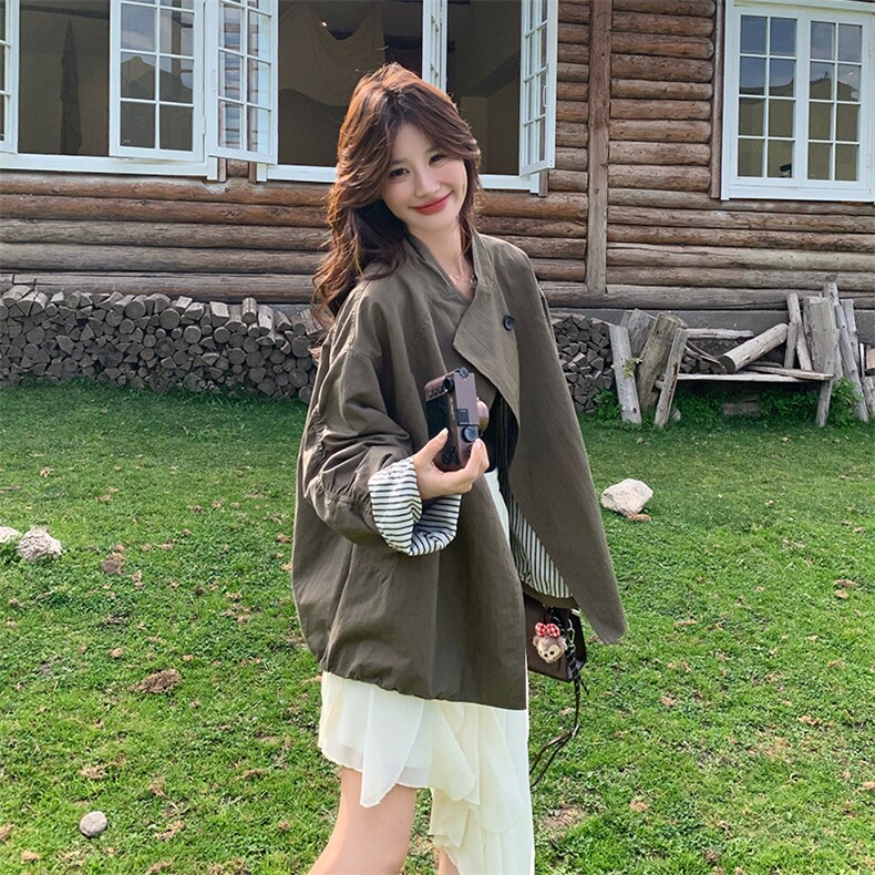 休闲风立领纯色常规宽松型女风衣百搭洋气秋季宽松春秋气质小个子，女装风衣，浙宝301