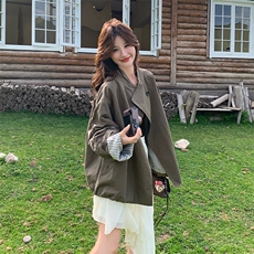 休闲风立领纯色常规宽松型女风衣百搭洋气秋季宽松春秋气质小个子，女装风衣，浙宝301