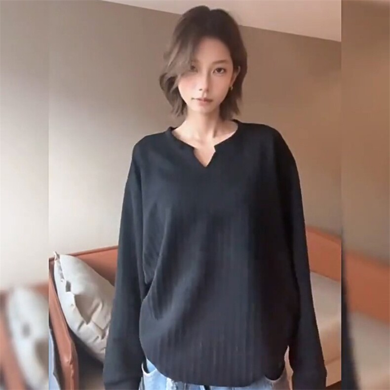 美式高街千鸟格子长袖T恤男女亨利V领英伦雅痞休闲宽松长袖打底衫，男装T恤，电商A443