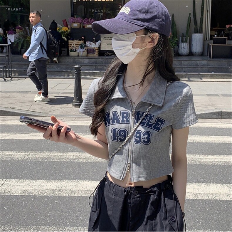 ZT6013-P40短款正肩开衫华夫格上衣女夏季辣妹显瘦T恤POLO衫,女装T恤,电商B245