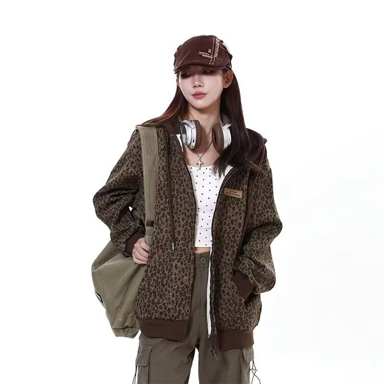 情侣装秋冬2025新款ins超火美式复古豹纹开衫卫衣外套女法式夹克图片