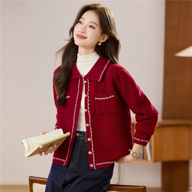 女士洋气减龄外套秋新款气质轻奢翻领针织开衫2025新款外穿毛衣，女装羊毛衫，艾米