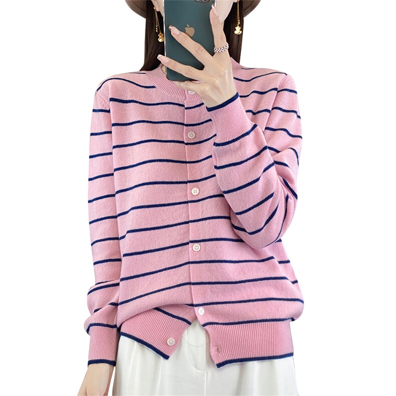 女士秋冬新款百搭简约时尚条纹圆领羊毛开衫,女装羊毛衫,悦玛羊绒