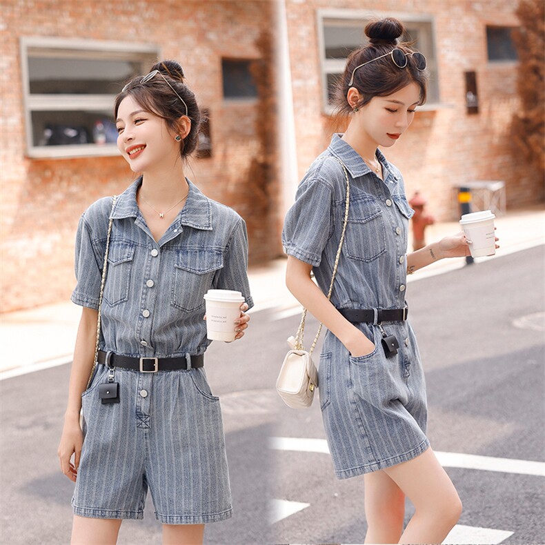 时尚显瘦牛仔连体裤夏季新款高腰修身短裤百搭休闲女装，女装连体裤，秋水欣儿
