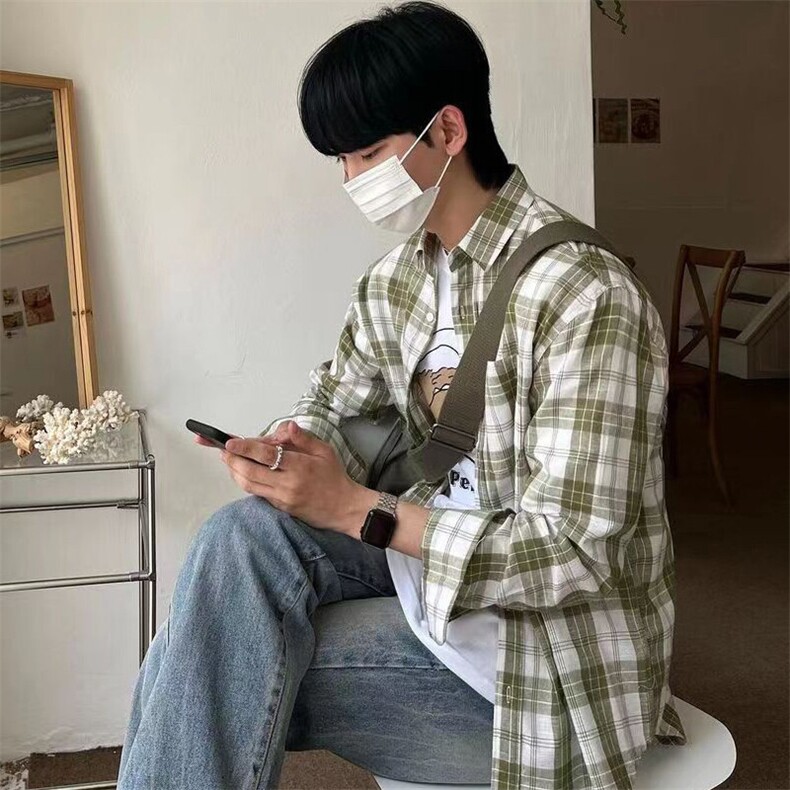 现货~男式长袖衬衫宽松格子衬衣男装薄外套 XZ815-4-CS813P55图片