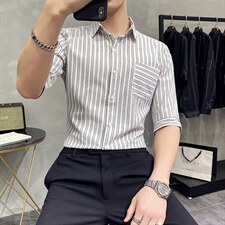 2025年现货条纹7七分袖衬衫男短袖五分袖中袖修身CS25-P45，男装T恤，电商B413