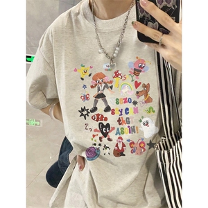 T0755-P25 多彩趣味卡通印花纯棉T 宽松复古小众设计感短袖上衣图片