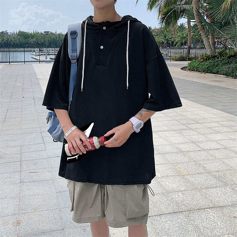 LD54035-P45连帽短袖t恤男大码胖子带帽五分袖中袖,男装T恤,电商A040