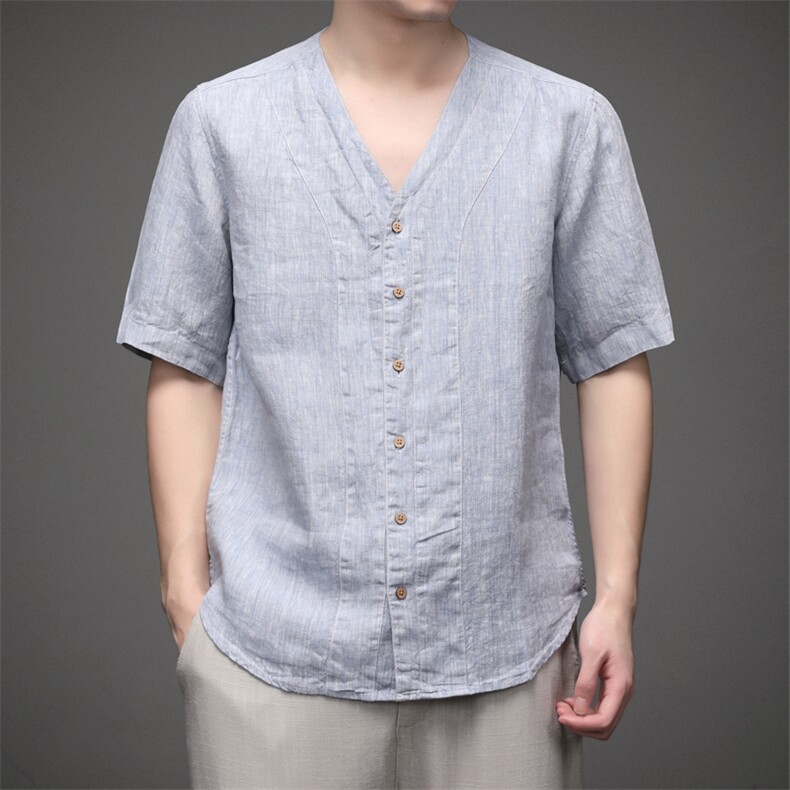 ACB170夏季男士亚麻衬衫青年风复古短袖休闲免烫修身唐装P102,男装T恤,电商B360