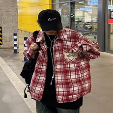 重磅美式复古红色格子衬衫外套男春秋季帅气休闲百搭情侣衬衣外套，男装衬衫，星座218-8