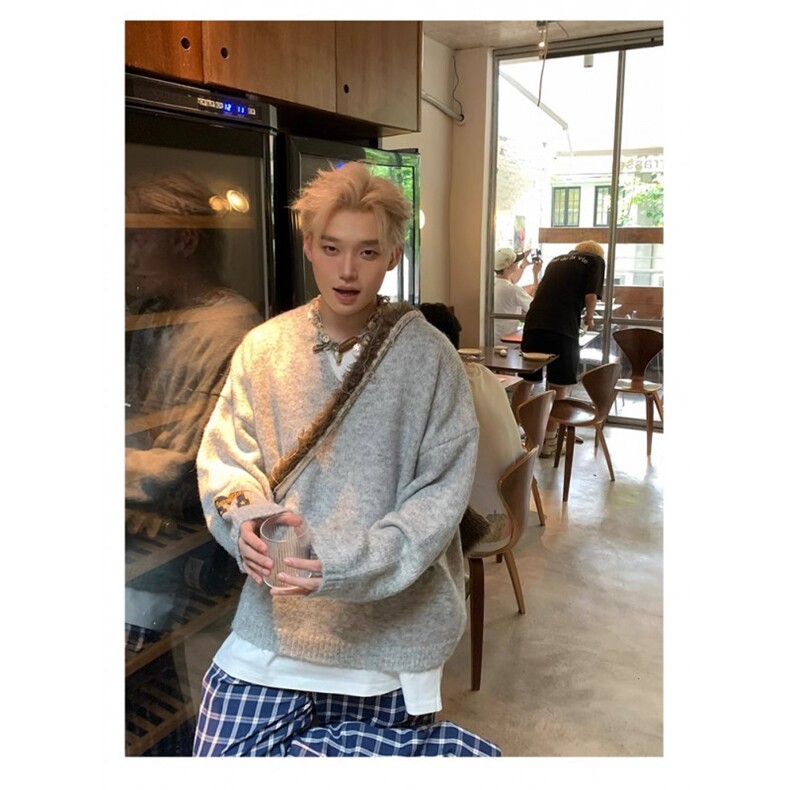 秋冬美式复古V领简约毛衣男女宽松休闲慵懒百搭上衣Y1001-P53,男装针织衫/毛衣,星座1109-3