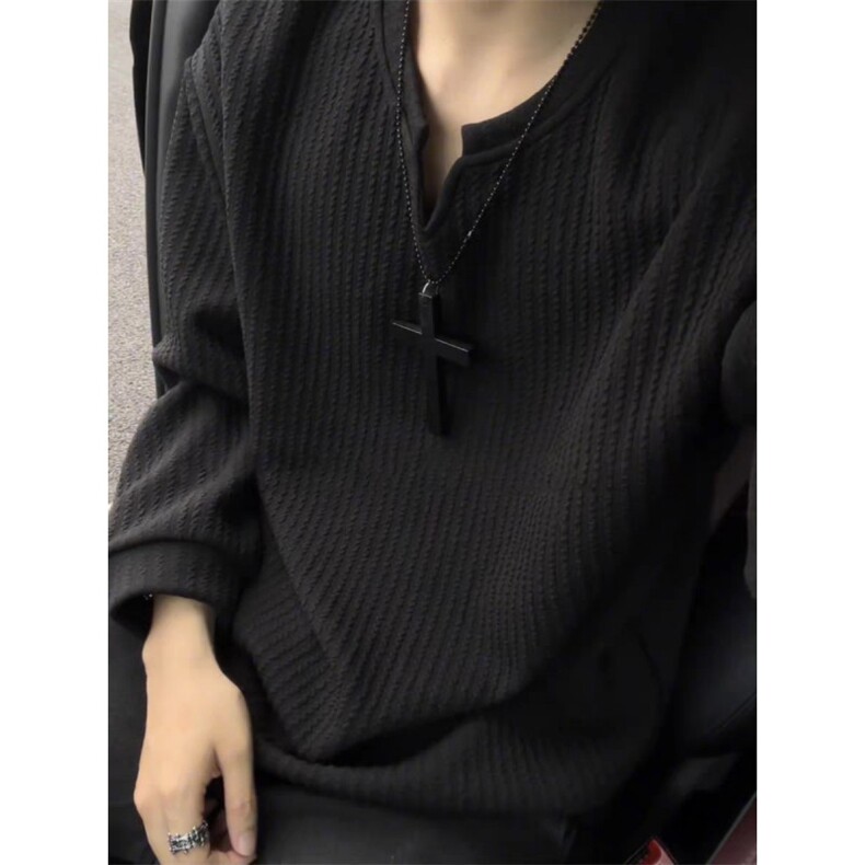 美式高街V领男春季简约休闲百搭肌理感重磅纯色长袖T恤L13766-P35，男装T恤，星座1008