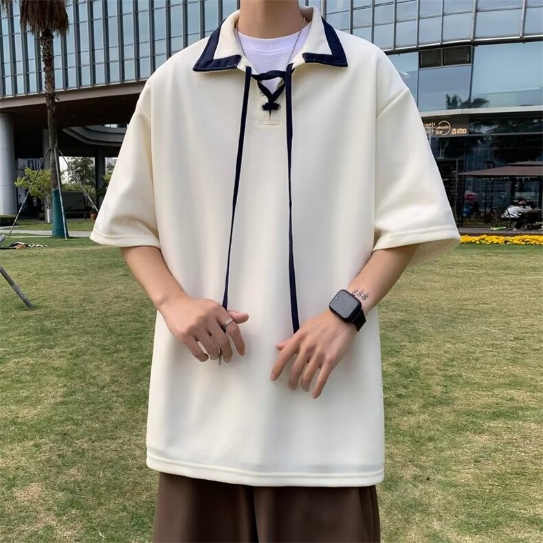 polo衫男短袖设计感小众情侣夏季oversize衬衫领抽绳T恤潮流图片