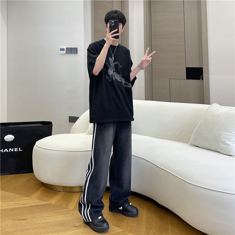 A450-NZ997-P60控99牛仔裤男女中性风三条杠直筒宽松裤子,男装牛仔裤,电商A450