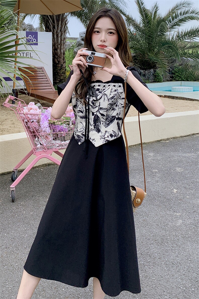 【现货】夏装新款时尚气质优雅显瘦系带水墨画拼色连衣裙,女装连衣裙,先锋丽姿