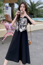 【现货】夏装新款时尚气质优雅显瘦系带水墨画拼色连衣裙，女装连衣裙，先锋丽姿