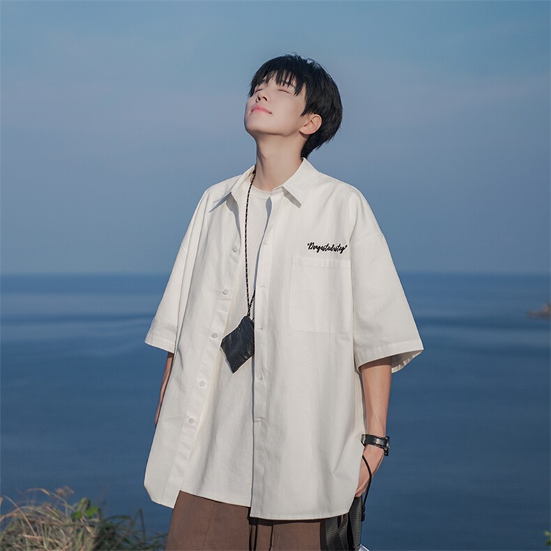B225-C6024短袖-P58-X75-全棉-撞色刺绣日系字母刺绣短袖衬衫男,男装T恤,电商B225