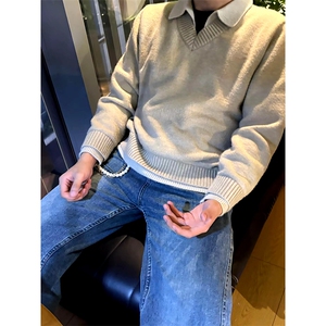 重磅北极绒假两件衬衫领毛衣美式高街复古休闲慵懒纯色翻领针织衫图片
