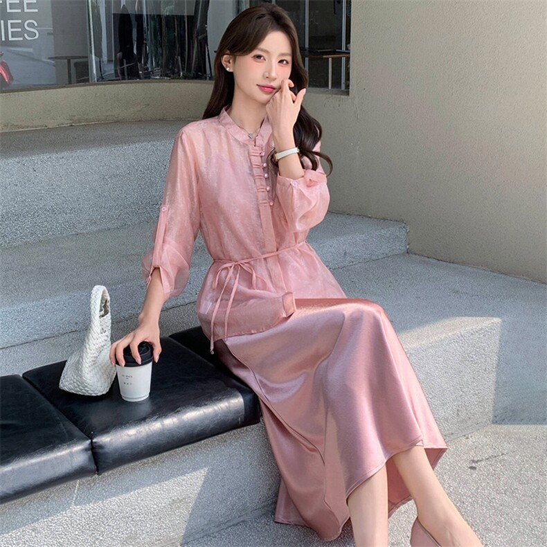 高端时尚套装裙女2026夏季新款洋气宽松系带收腰小衫吊带裙两件套,女装连衣裙,心心服饰