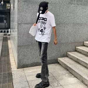 1506-1/K3061/P49风重磅水洗黑灰质感微喇ins修身牛仔裤男图片