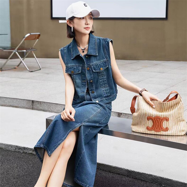 现货古水洗牛仔套装裙女2024年秋装马夹背心直筒半身裙子图片