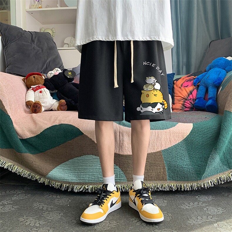 HD74090-P22 华夫格短裤男大码宽松五分裤男直筒中裤图片