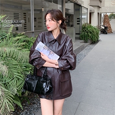 新款，咖色中长款皮衣外套W670P195K318，女装短外套，2C209