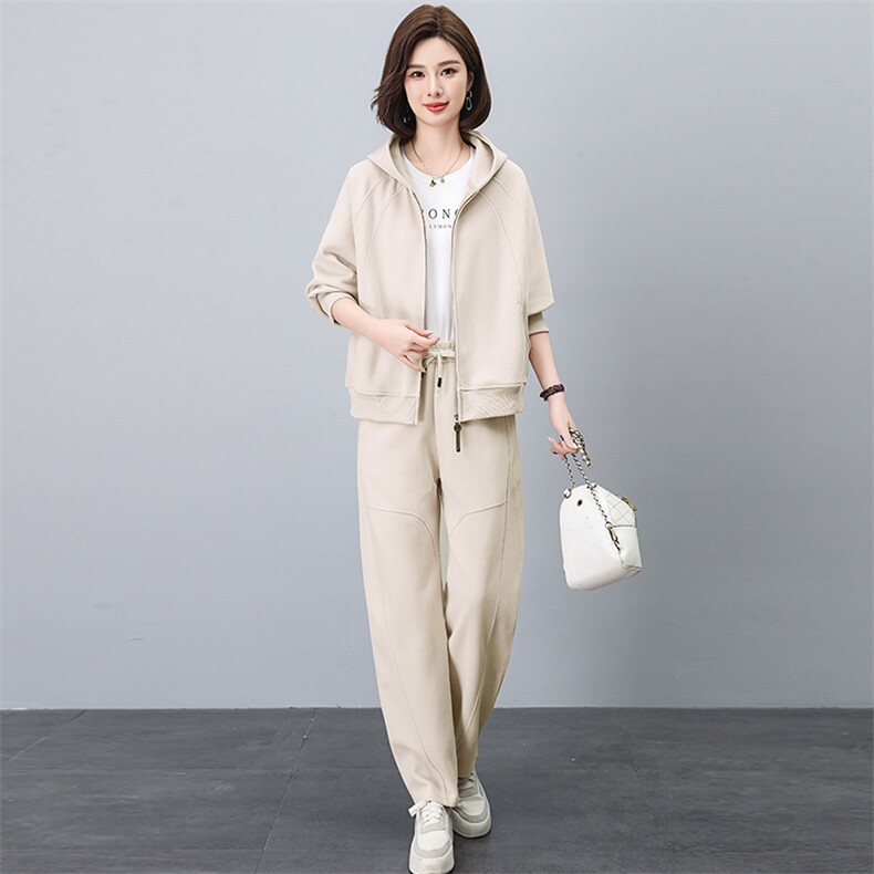 洋气套装女中年妈妈装连帽卫衣外套2026春秋新款大码运动服一整套,女装套装/套裙,独衣靓