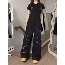 小狗刺绣牛仔背带裤女夏季新款复古高街直筒拖地连体裤N688，男装休闲裤，星座1116A（原606A-3）