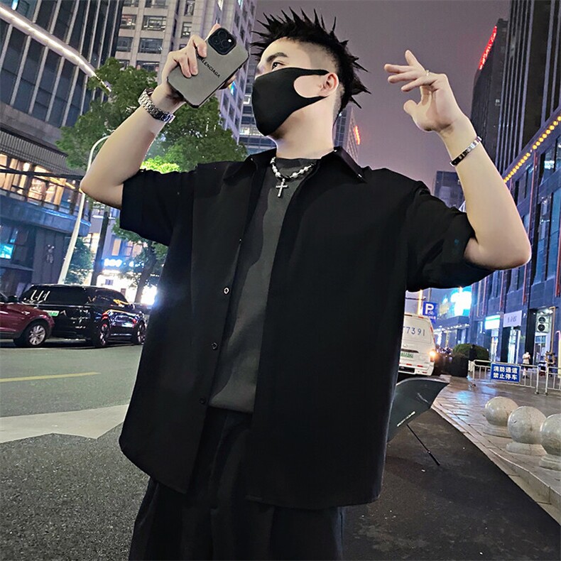 S82/特P58控88夏季社会小伙免烫冰丝肌理感中袖衬衫T恤男黑首1,男装T恤,星座305B