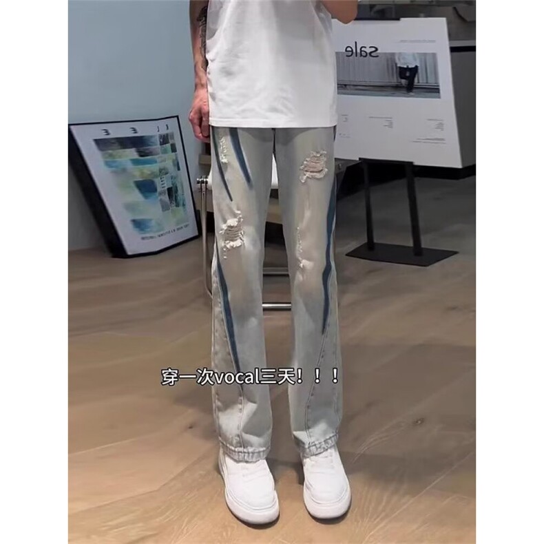 美式复古男女破洞设计感瘦直筒微喇牛仔裤S767P39,男装牛仔裤,星座1112-1