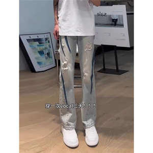 美式复古男女破洞设计感瘦直筒微喇牛仔裤S767 P39图片