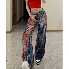 复古水洗泼墨油画调色盘牛仔裤子女春辣妹3D彩印拖地长裤N9756，男装牛仔裤，星座1116A（原606A-3）