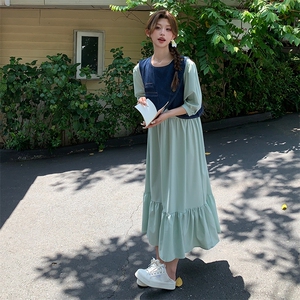 夏季新品 设计感复古牛仔马甲连衣裙两件套2C285 1802 P165 K248图片