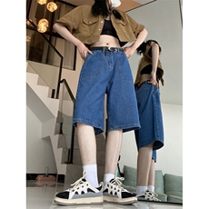 7140-P30夏季纯色大口袋宽松显瘦直筒阔腿裤五分牛仔短裤女，男装牛仔裤，电商A306A