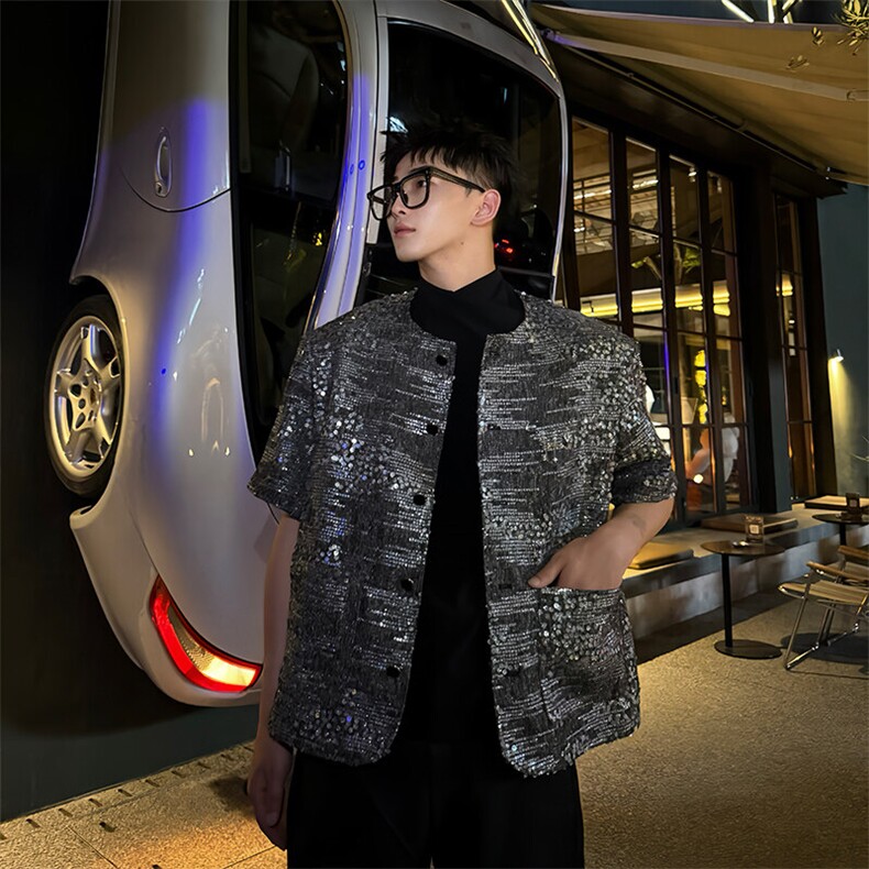 2025夏季韩系重工亮片小香风个性短袖上衣外套D12/P125控165,男装T恤,星座305B