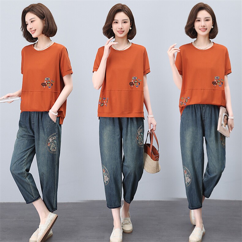 2025年夏季遮肉刺绣圆领套头T恤刺绣牛仔小脚裤套装，女装套装/套裙，简韵佳
