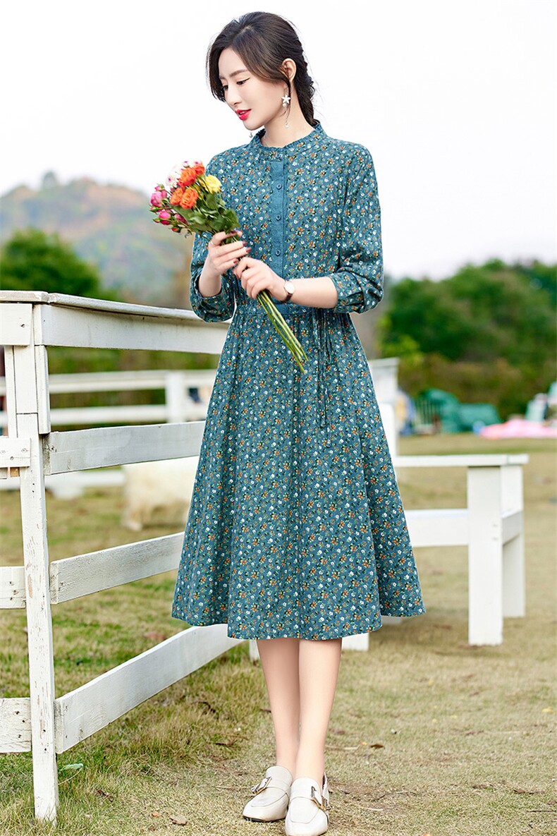 高端纯棉碎花连衣裙女长袖2026春季新款淑女气质收腰显瘦印花长裙,女装连衣裙,倪叶myz
