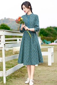 高端纯棉碎花连衣裙女长袖2026春季新款淑女气质收腰显瘦印花长裙图片