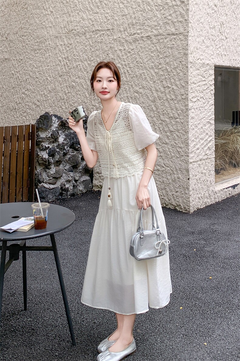 温柔风气质一整套穿搭女2026夏新款蕾丝钩花泡泡袖上衣吊带裙套装,女装套装/套裙,霓裳依族
