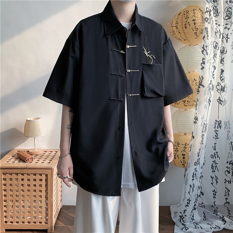 高级感风新中式翠竹刺绣金属飞机扣宽松慵懒衬衫男,男装衬衫,星座716-3