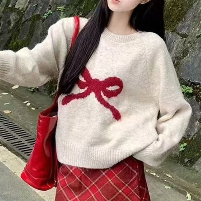 甜美蝴蝶结装饰宽松圆领针织衫可爱淑女风毛衣外套,针织衫/毛衣,萱芳婷羊绒