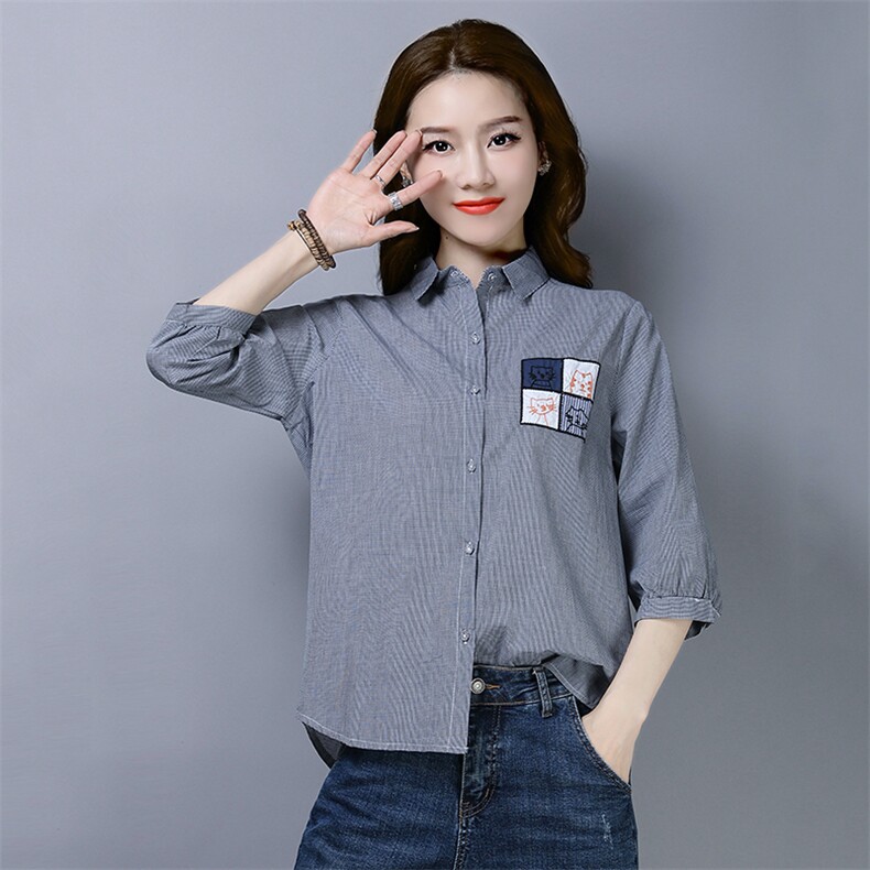 衬衫2021年纯色棉立领排多扣常规纽扣七分袖贴布,女装衬衫,叶笙衣