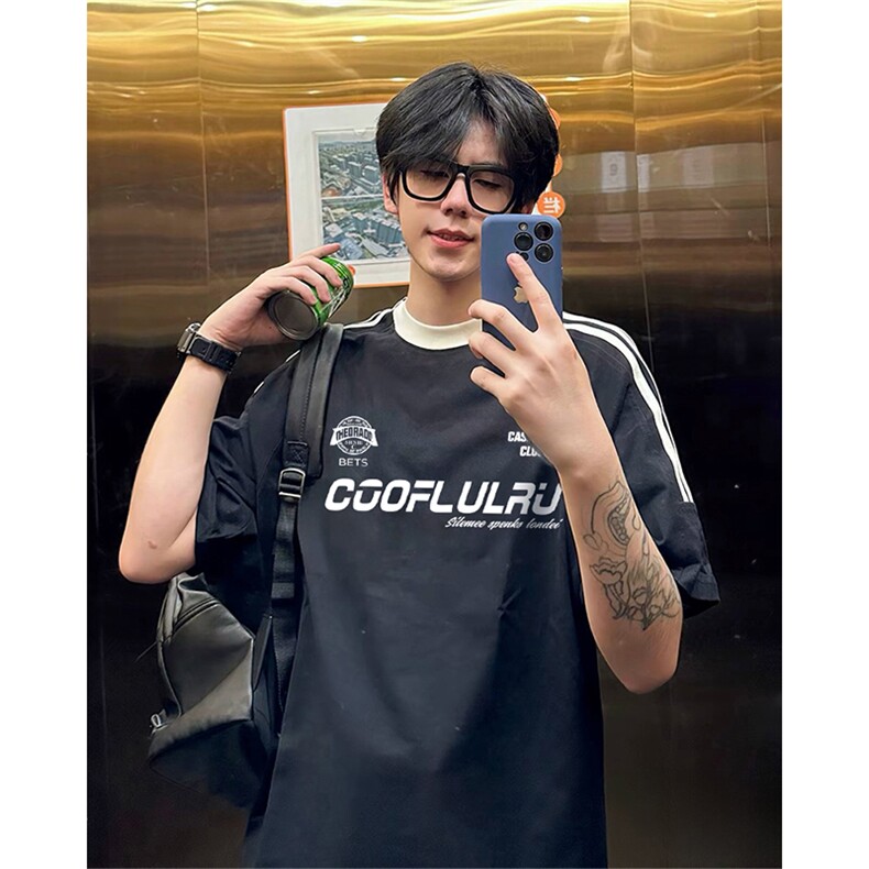 抖音得物供货240克宽松纯棉美式潮牌印花三杠半织带短袖T恤AT1610,男装T恤,电商A443