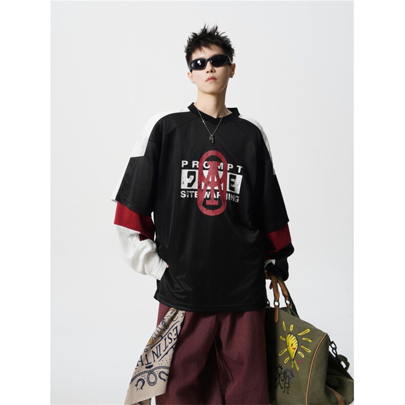 706-LK25006-P68特P现货秋季美式撞色拼接卫衣运动假两件球衣,男装卫衣,星座706