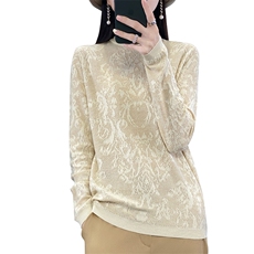 24春秋新款精纺毛衫立体雕花蕾丝镂空毛衣女半高领长袖针织打底衫，女装羊毛衫，科源羊绒