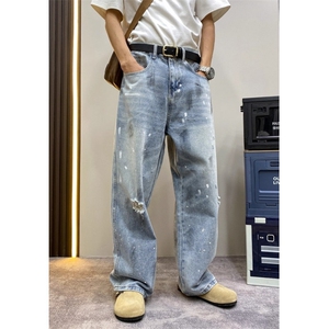 夏季破洞做旧牛仔裤男痞帅炸街阔腿裤宽松百搭直筒弯刀裤 NT1215图片