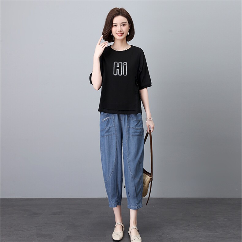 天丝牛仔套装女2025夏季新款时尚休闲宽松中年妈妈洋气减龄两件套图片