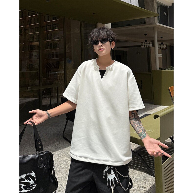 亨利领短袖T恤假两件美式宽松打底衫情侣半袖上衣短袖半袖特P30,男装T恤,电商B319